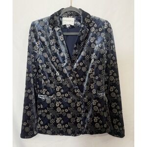 Carolina Belle Navy Velvet Floral Blazer Jacket Womens Size S *FLAW